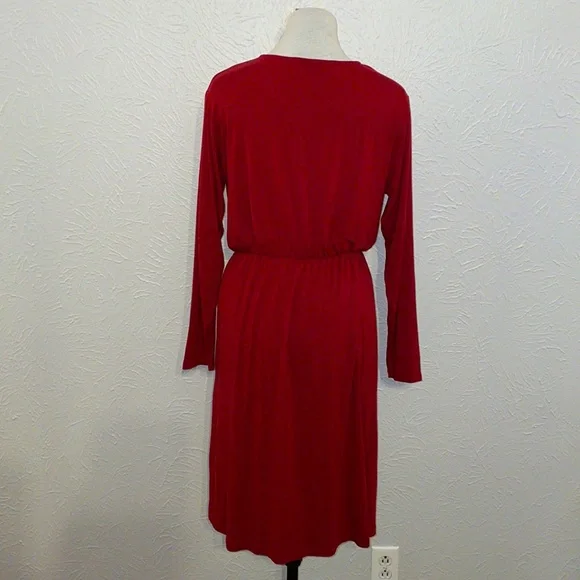 Fraiche by J Red V-Neck Long Sleeve Faux Wrap Stretch Knit Dress - Picture 5 of 11